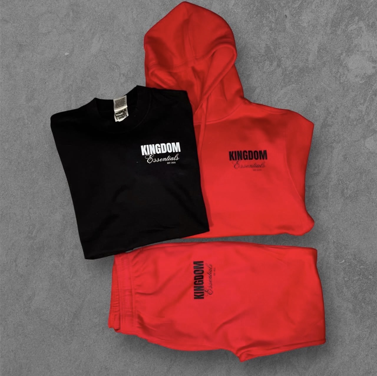 Kingdom Essentials black t-shirt with white logo and red jogger set