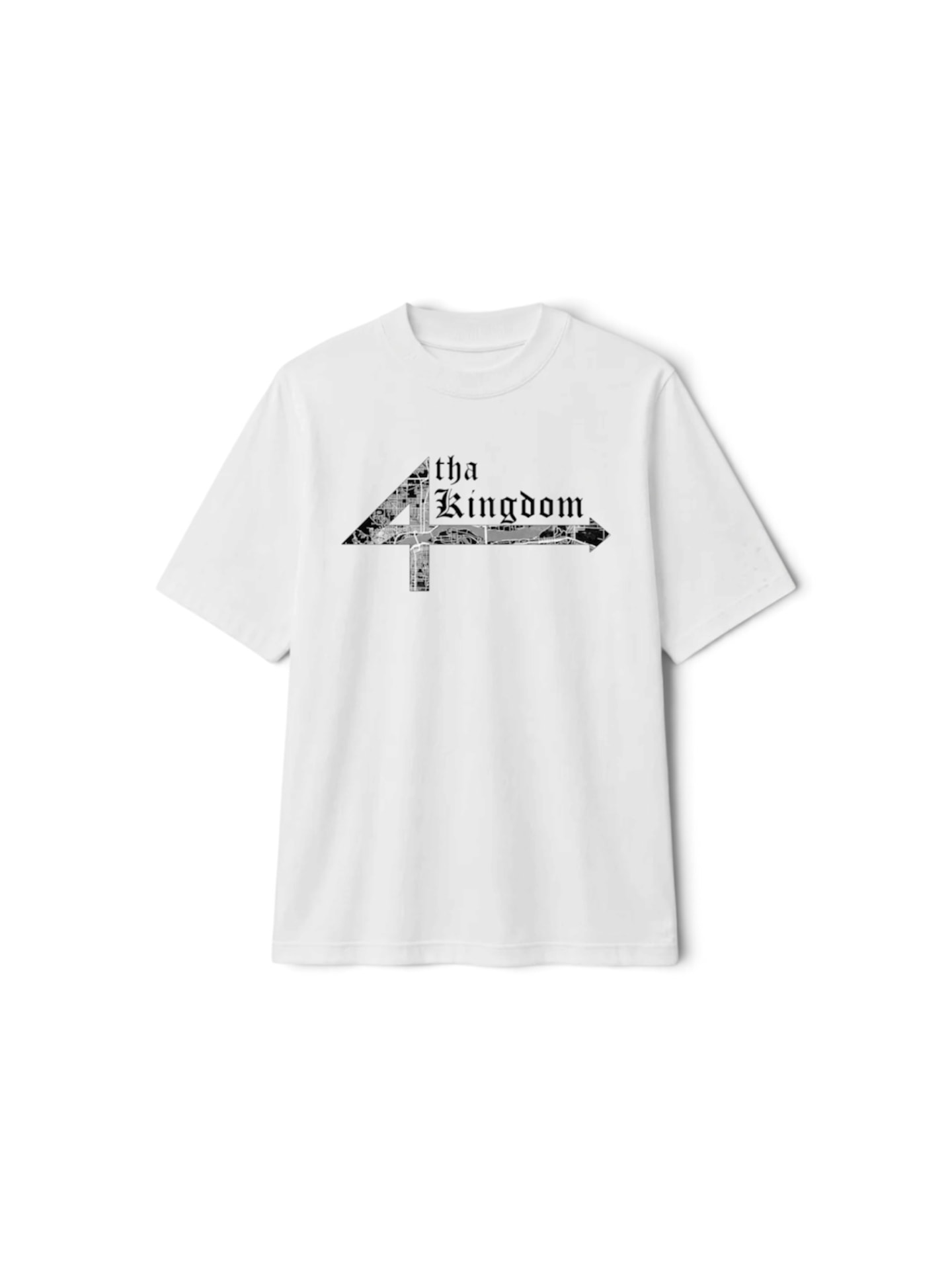 4 the QC white tee with Quad Cities map built into the 4 Tha Kingdom wordmark