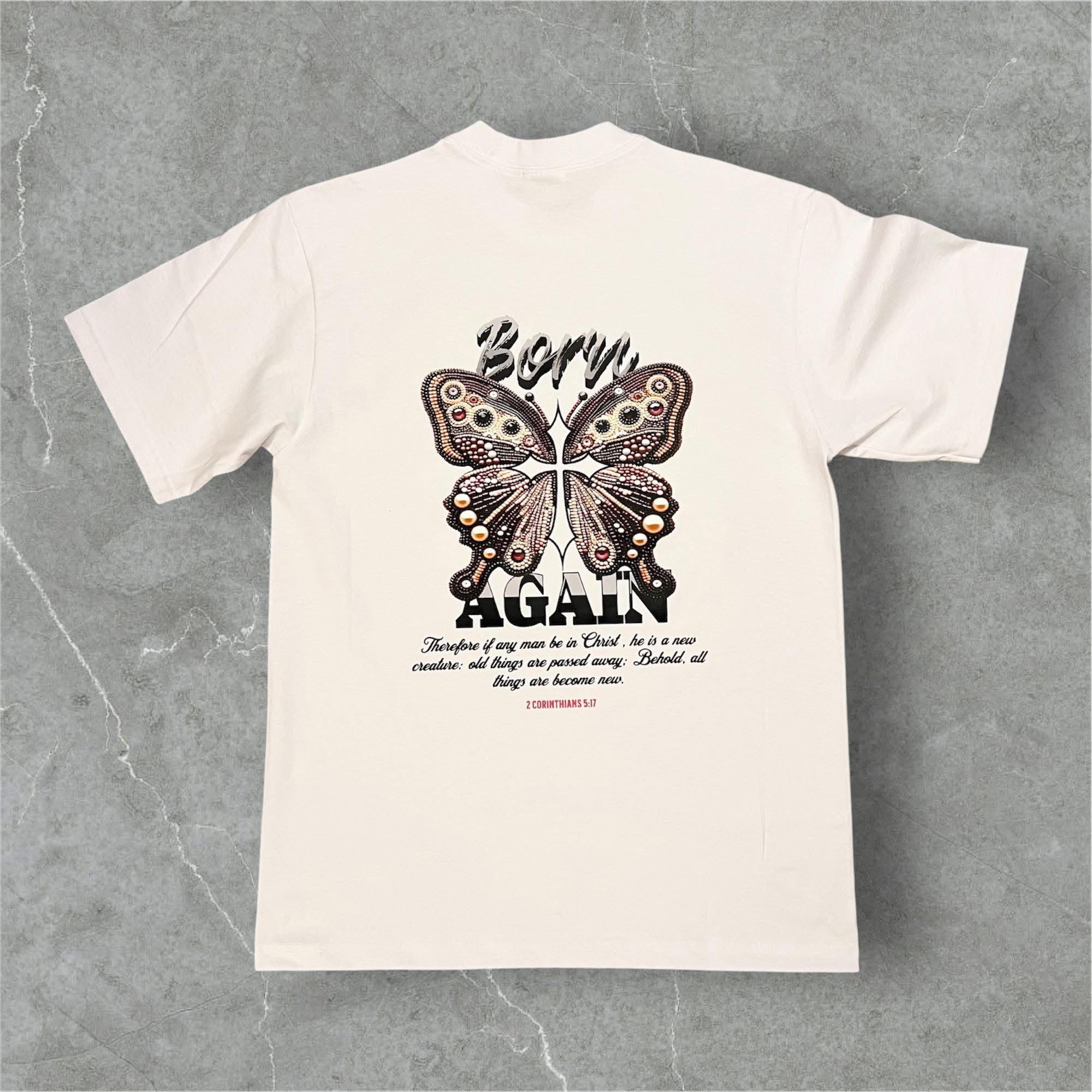 Born Again tee back with butterfly graphic and 2 Corinthians 5:17