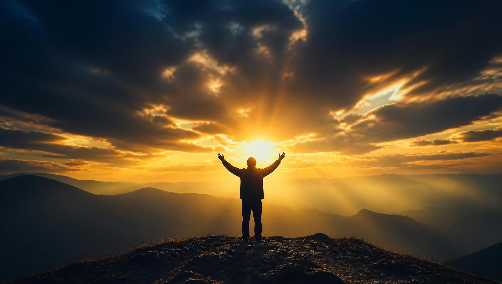 Worshipper with raised arms at sunrise