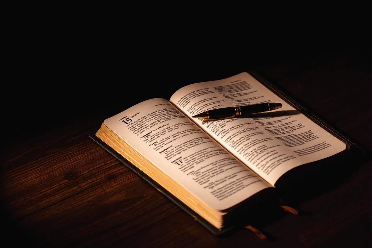 Open book and journal with a gold pen on a dark wooden desk